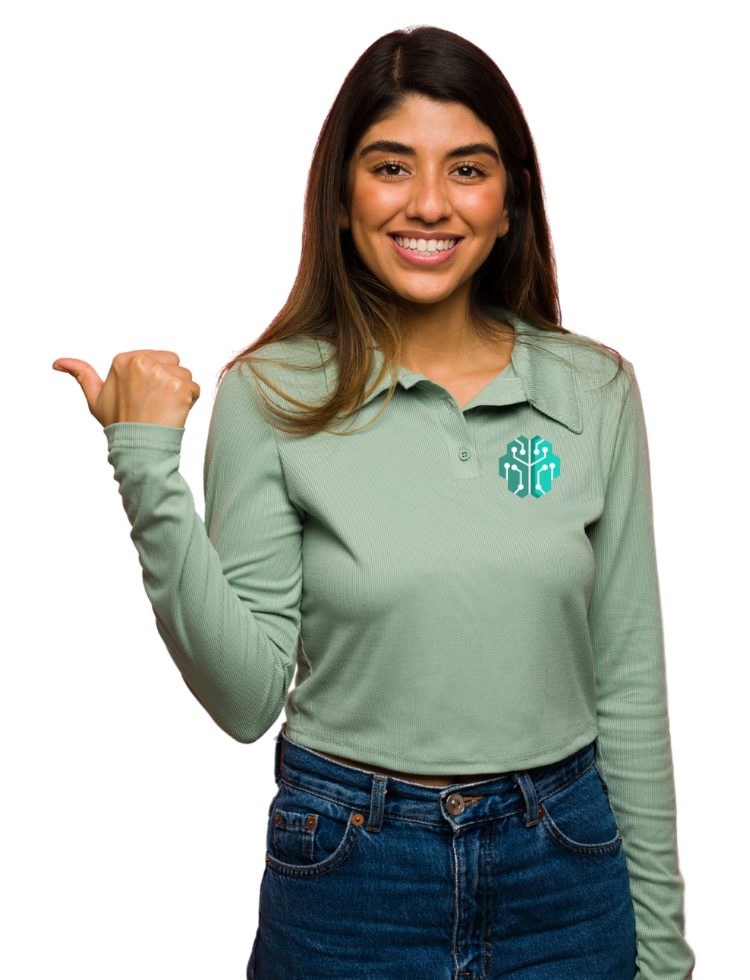 Mujer señala a la izquierda sonriendo Agente Programa 220